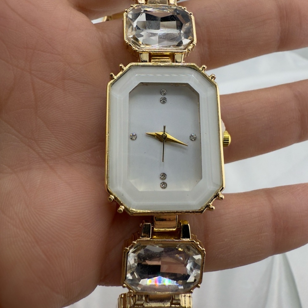 Gold and White Anthropologie Women's Watch with Crystal Accents